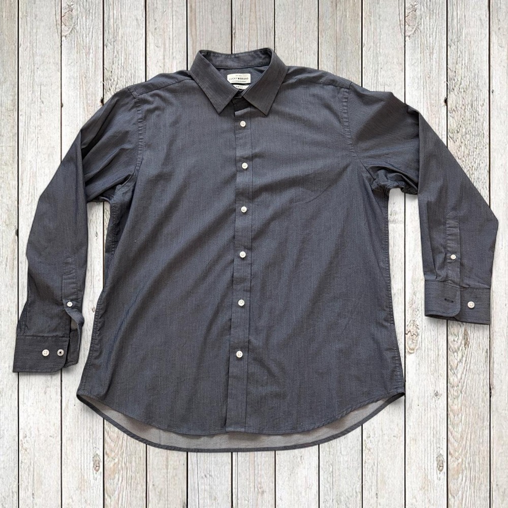 Lucky Brand Mens Slim Fit Button Down Shirt Charcoal Gray Stretch Large 16-16.5